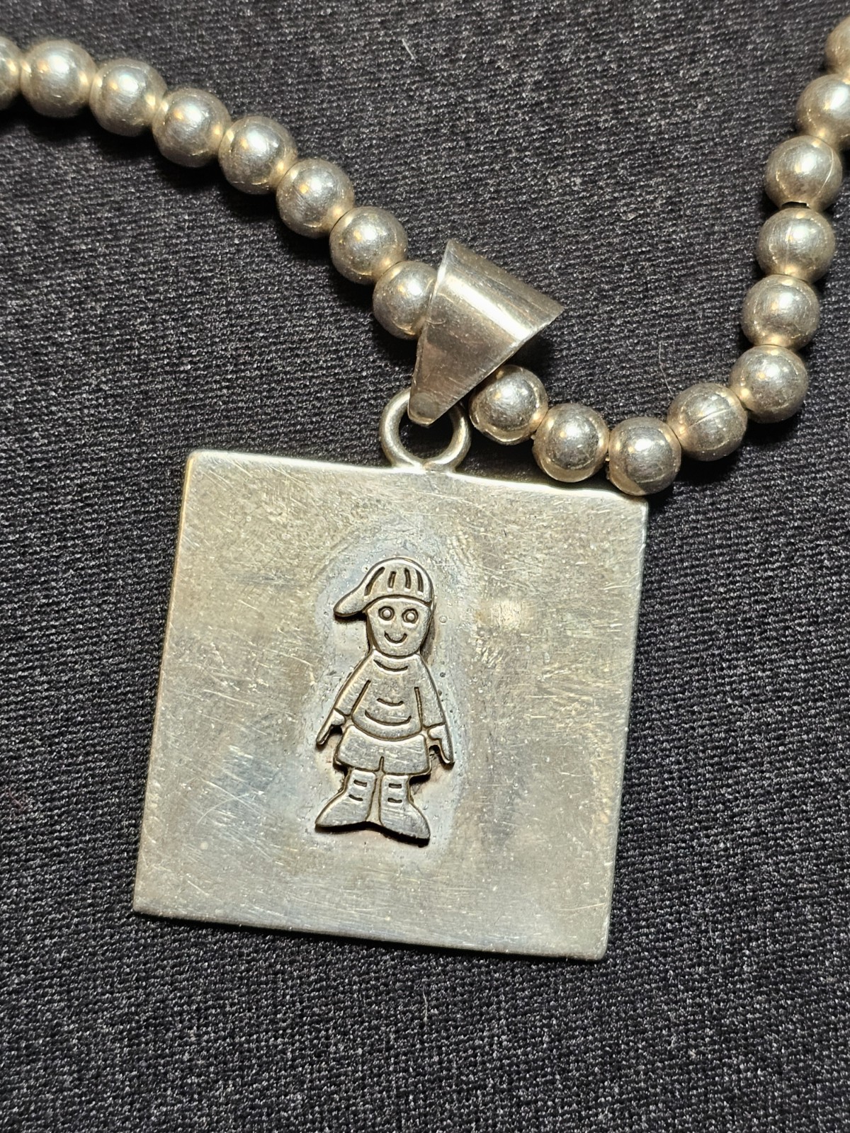 Italian Beaded Chain Little Boy Child Square Necklace & Pendant Silver .925 Y2k