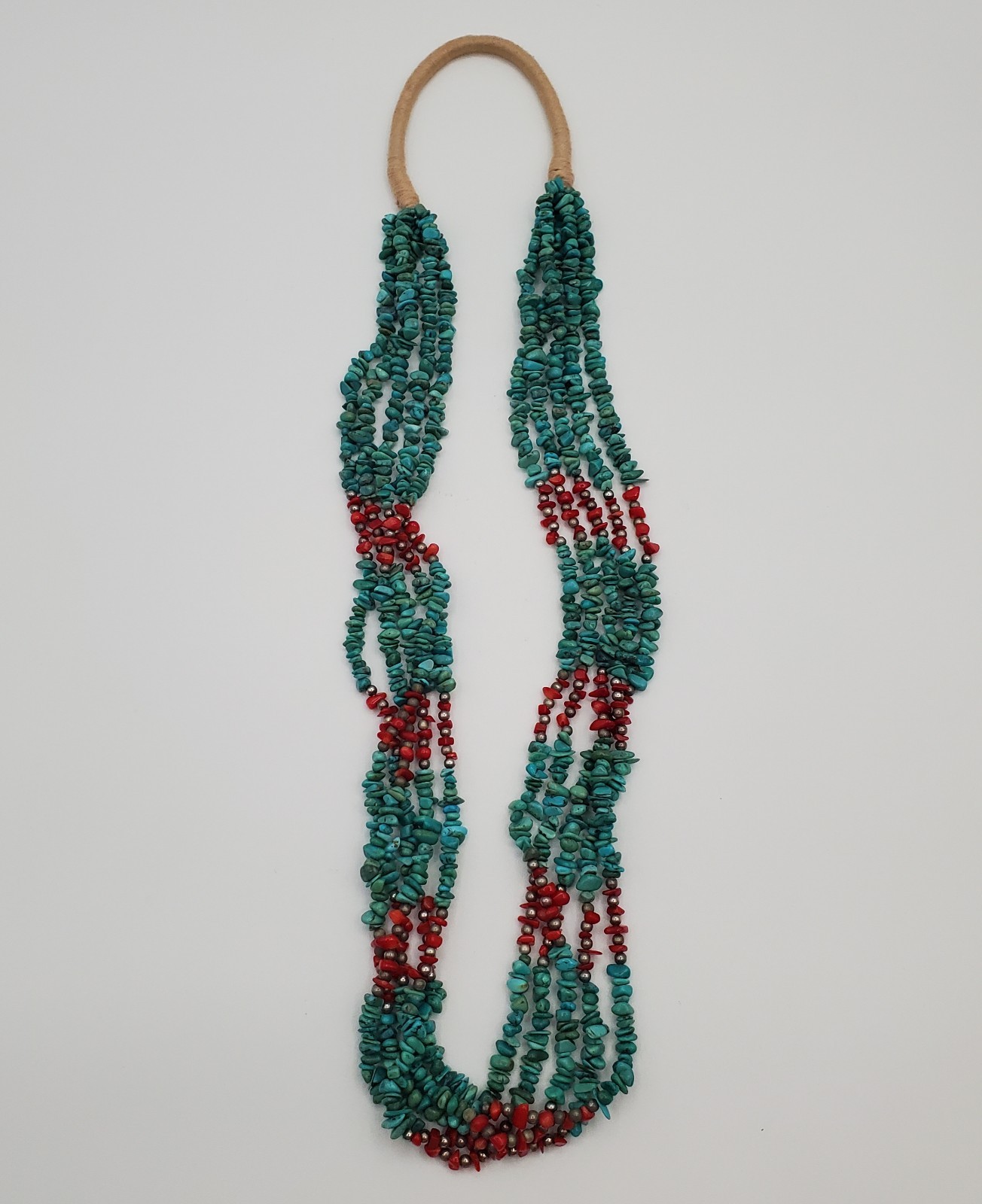 Turquoise Red Coral Necklace 28in Multi Strand Chip Bead Southwest Tribal Wrap