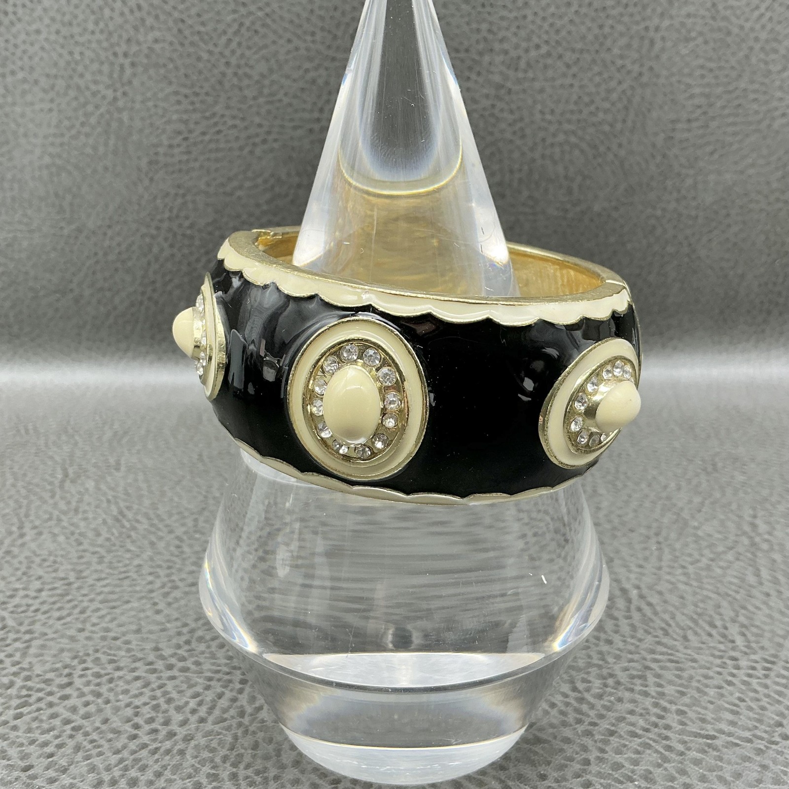Bracelet Black Enamel Hinge Bangle Cream Cabochon Rhinestone Accents 7 inch