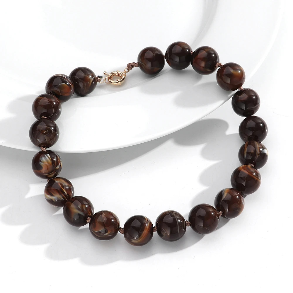 Handmade Resin Bead Choker Necklace Vintage Round Rope Chain Jewelry Women