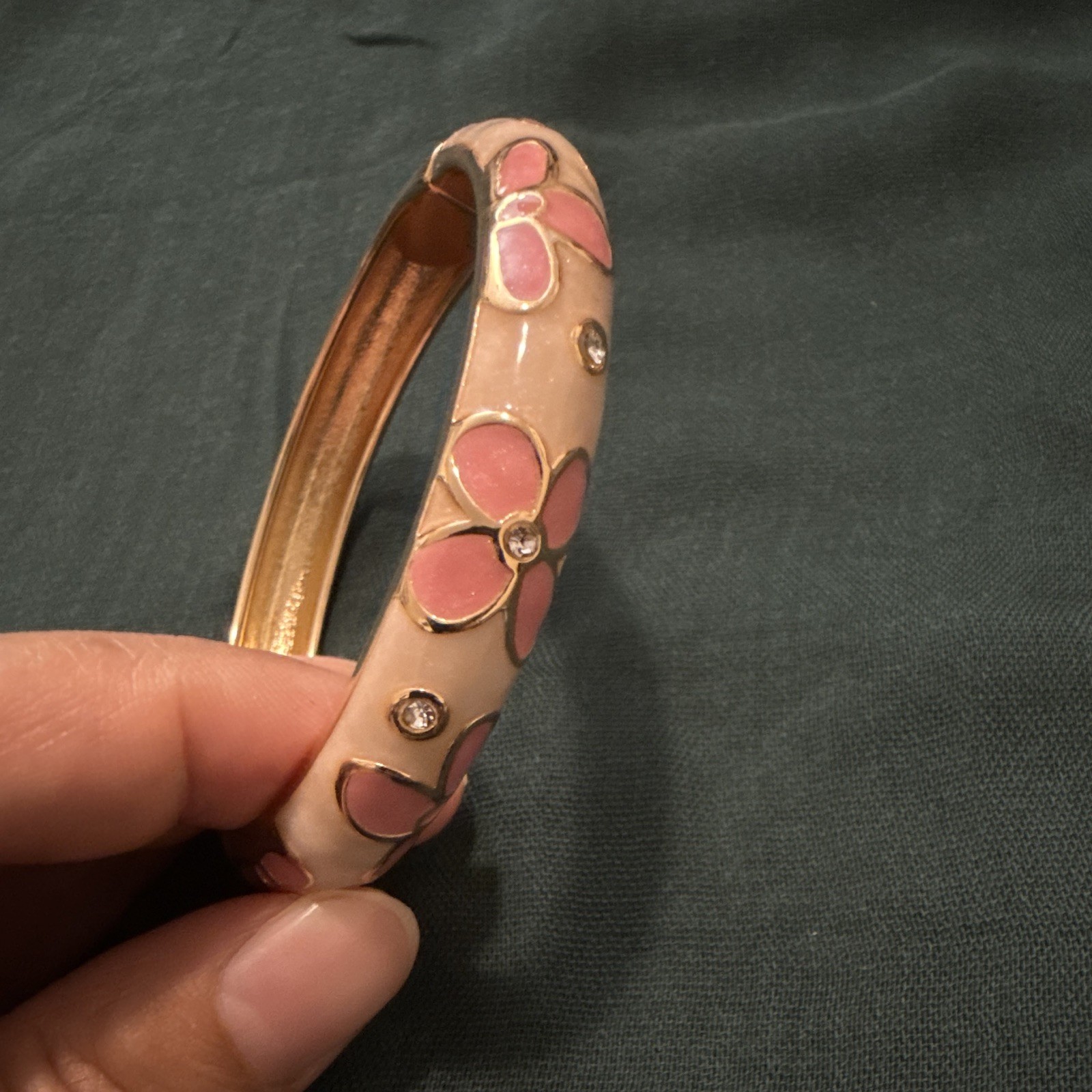 Pink Gold Enamel Flower Bangle Bracelet with Clear Round Crystal Accents