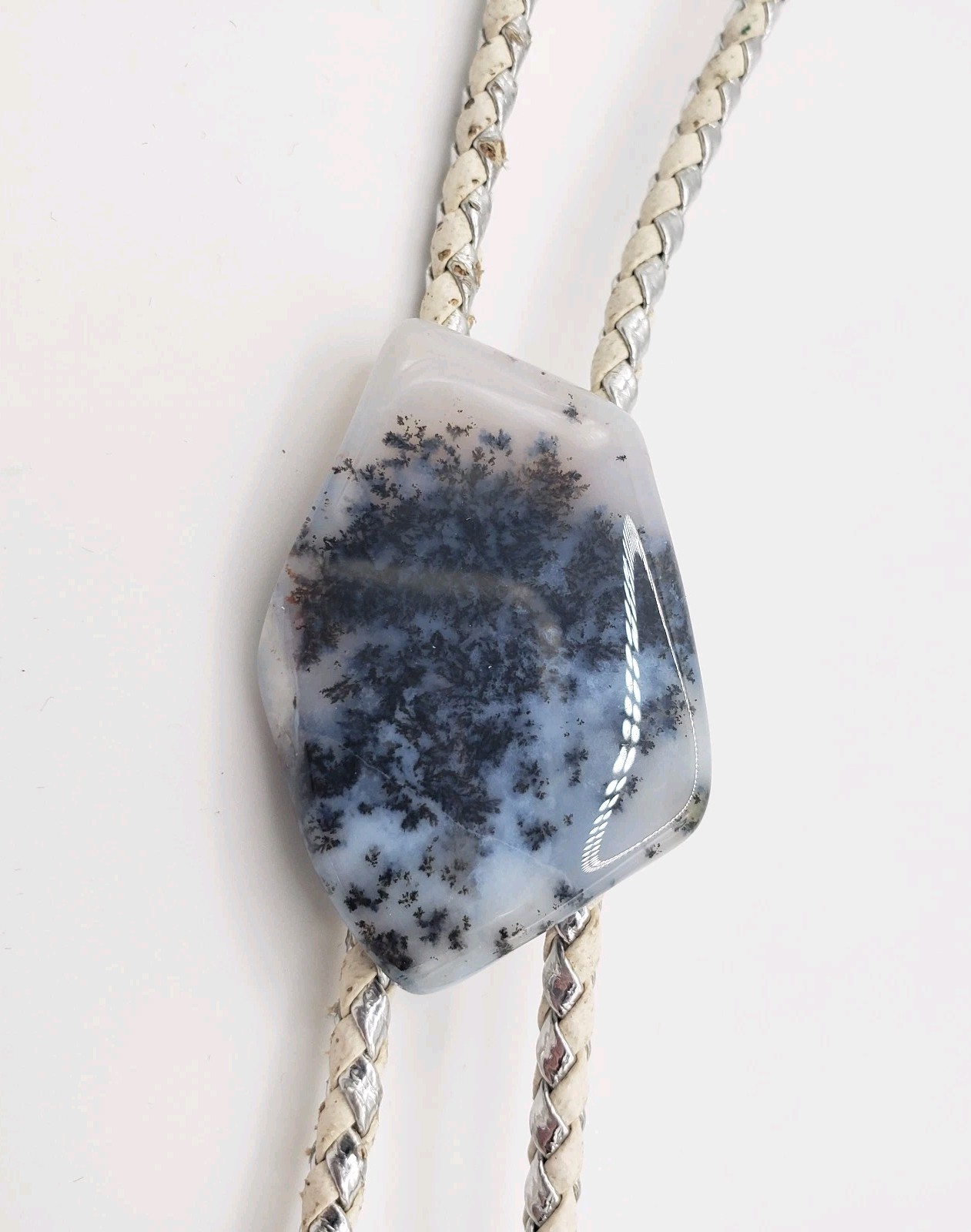 Vintage Dendritic Agate Bolo Tie Braided White/Silver Leather Cord Western Style