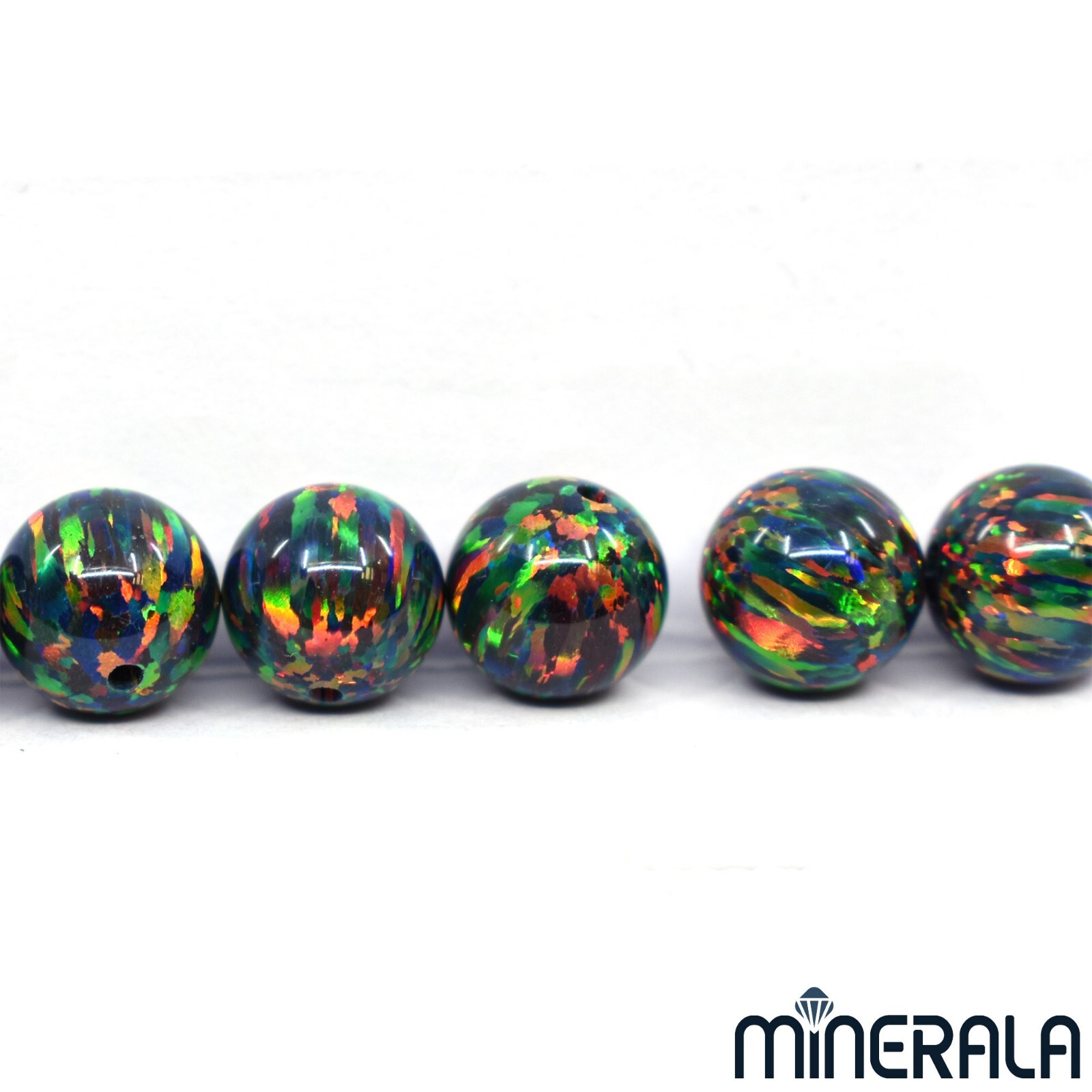 FIRE BLACK SYNTHETIC LAB CREATED OPAL FULL DRILL ROUND BEADS 3mm-10mm WP027B5