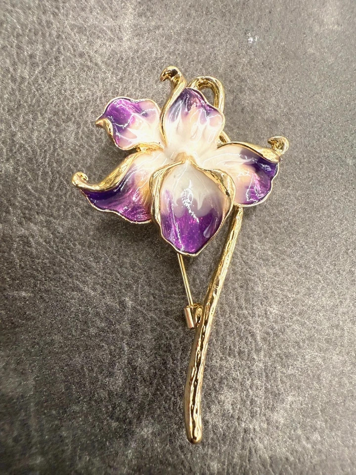 New Orchid Enamel Flower Brooch, 2.28-Inch, 14K Gold‑Plated Pin