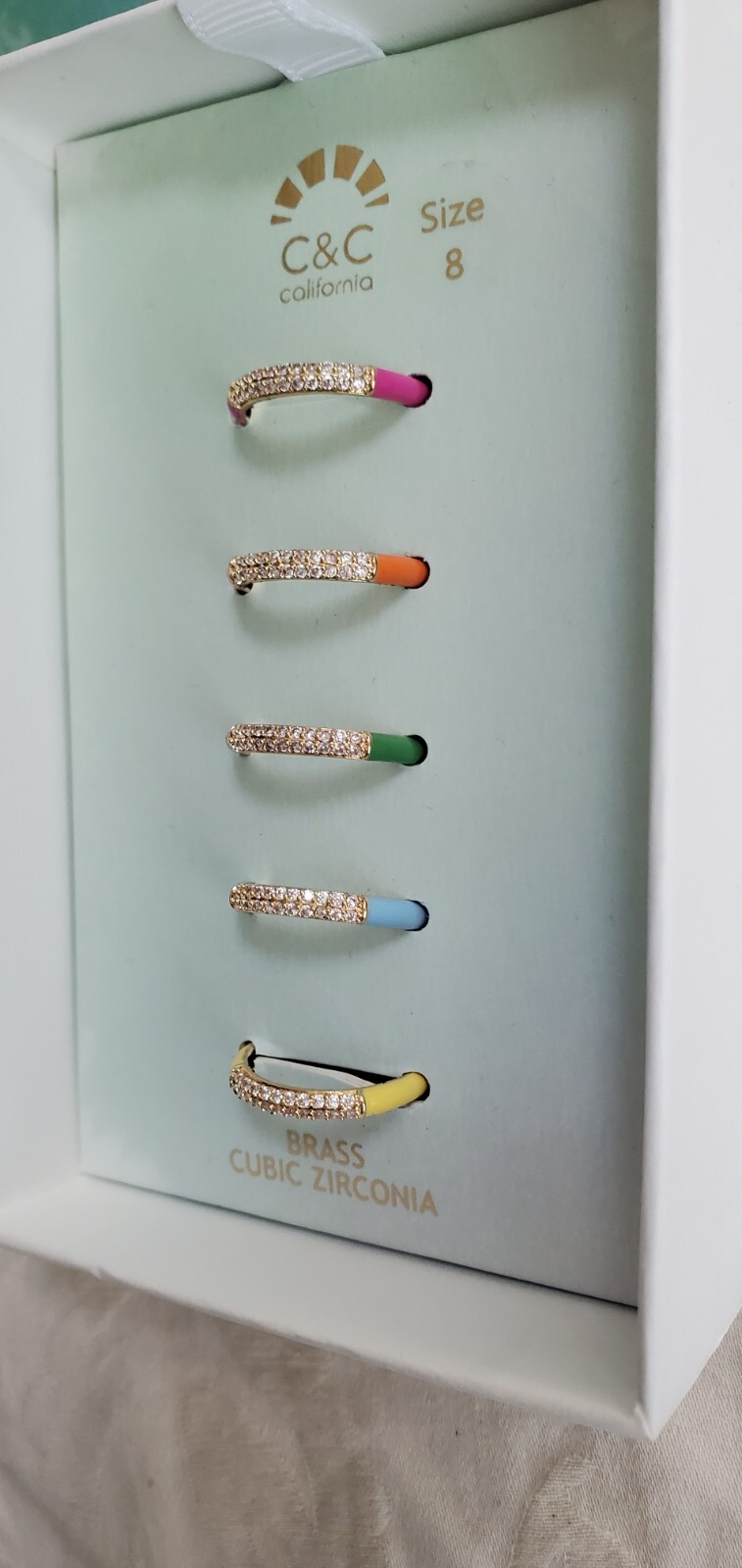 C & C California RING SET Colorful Enamel Brass Cubic Zirconia 5 Rings NEW SZ 8