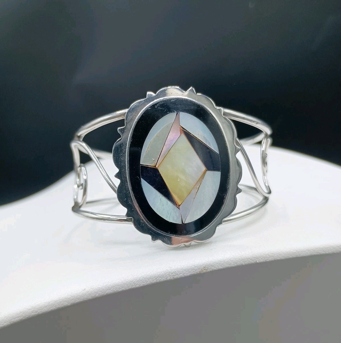 Alpaca Mexico Silver Mosaic Cuff Bracelet MOP Onyx Chunky Open Untested 6-7″