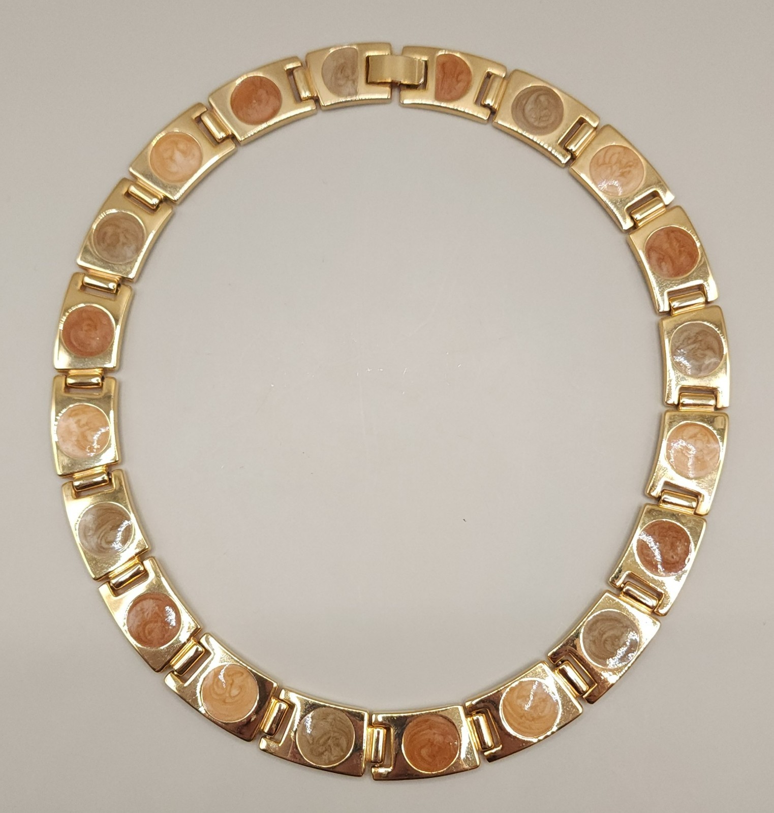 Vintage Enamel Panel Link Choker Necklace Gold Tone Geometric Tile 17″ 3oz Retro