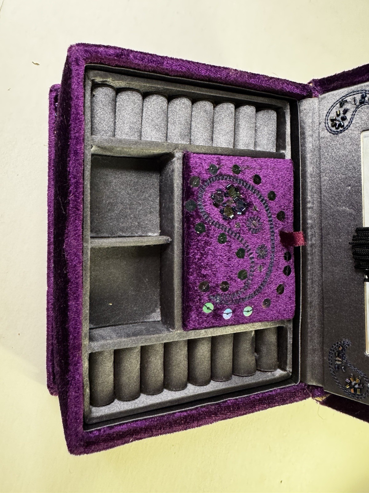 Vintage Purple Velvet Jewelry Box Mirror Drawer Ring Organizer Beaded Decor