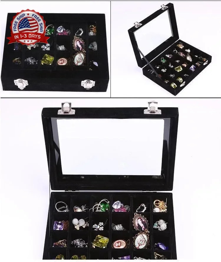 Velvet Jewelry Box 24 Grid Jewelry Earrings Display Organiser Box Ring Tray Hold