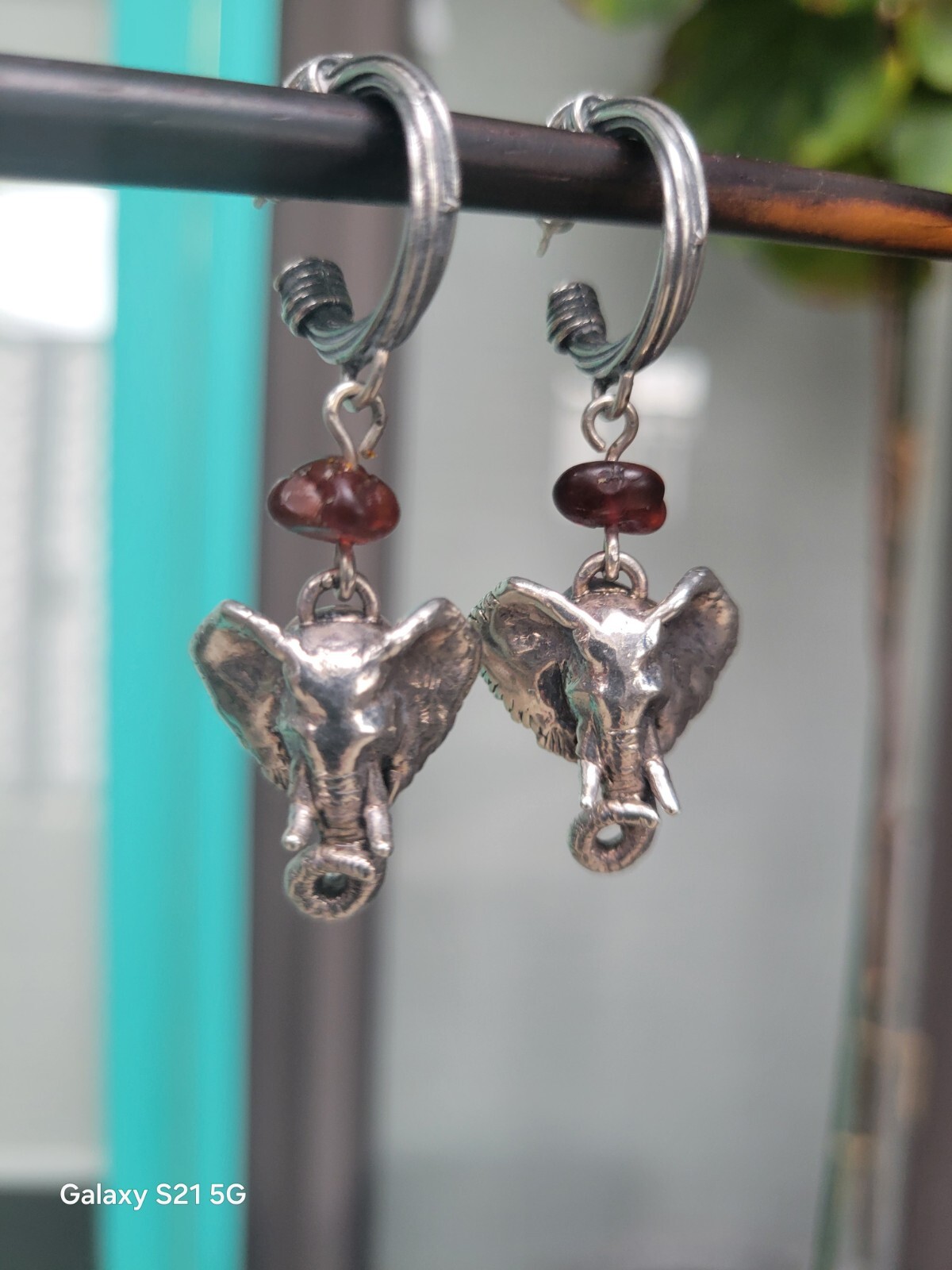 Susan Cummings Elephant Earrings Dangle Sterling Silver & Amber 2″ Long 1990s