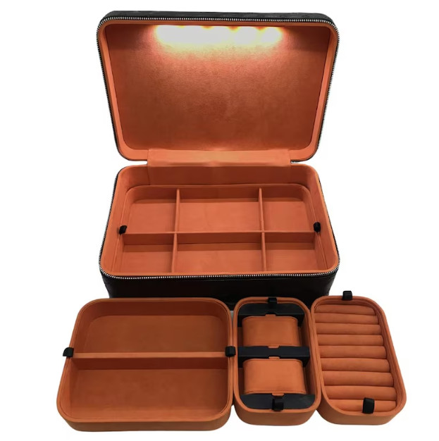 Black and Orange LED Light Luxury Travel Jewelry Case Organizer Genuine Leather