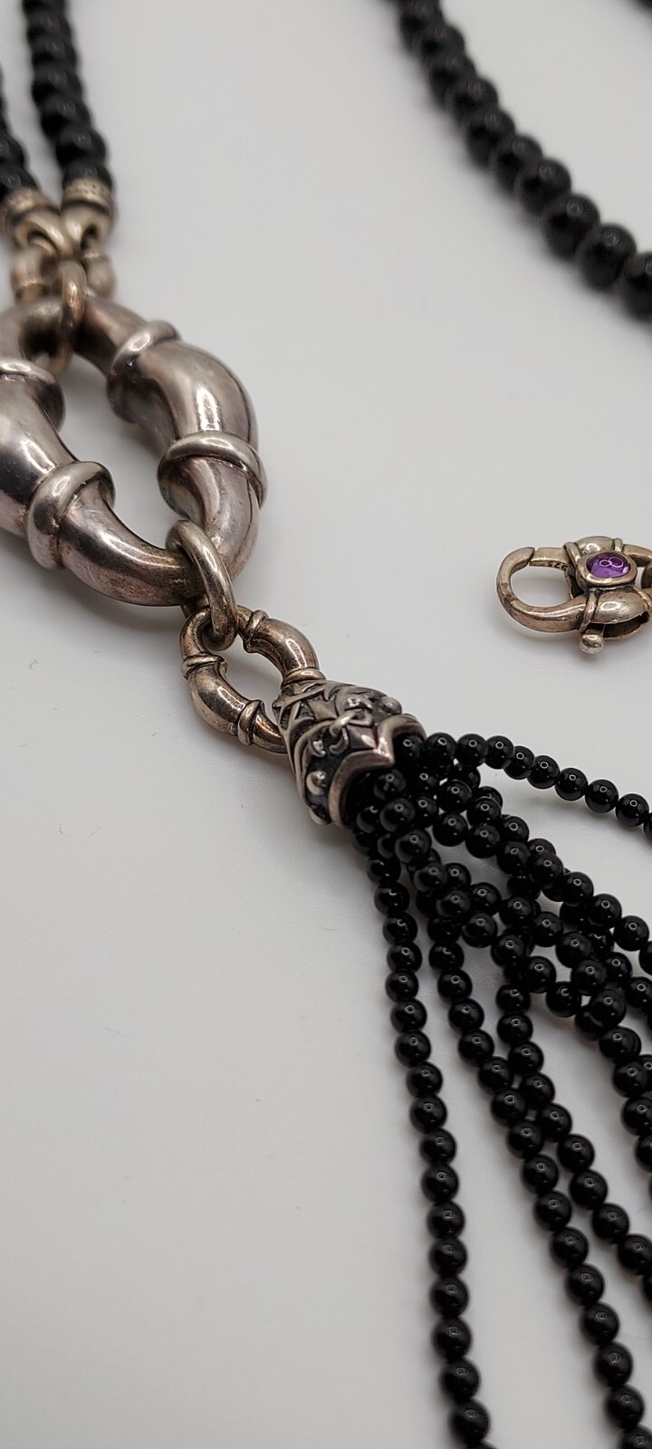 Scott Kay 925 marked Silver & Black Onyx Beaded Bolo Tassel Necklace hangs 24″