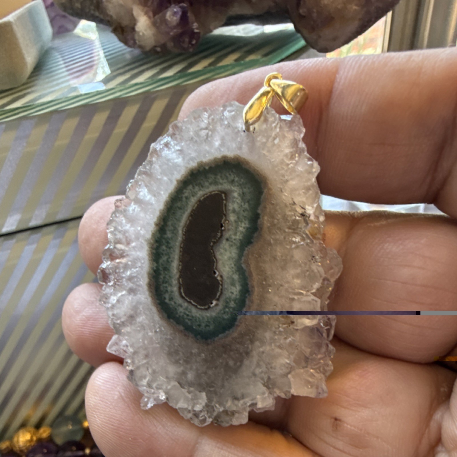 Trapiche Asymmetrical Pendant with S925 Gold Bail, Green Black White Natural