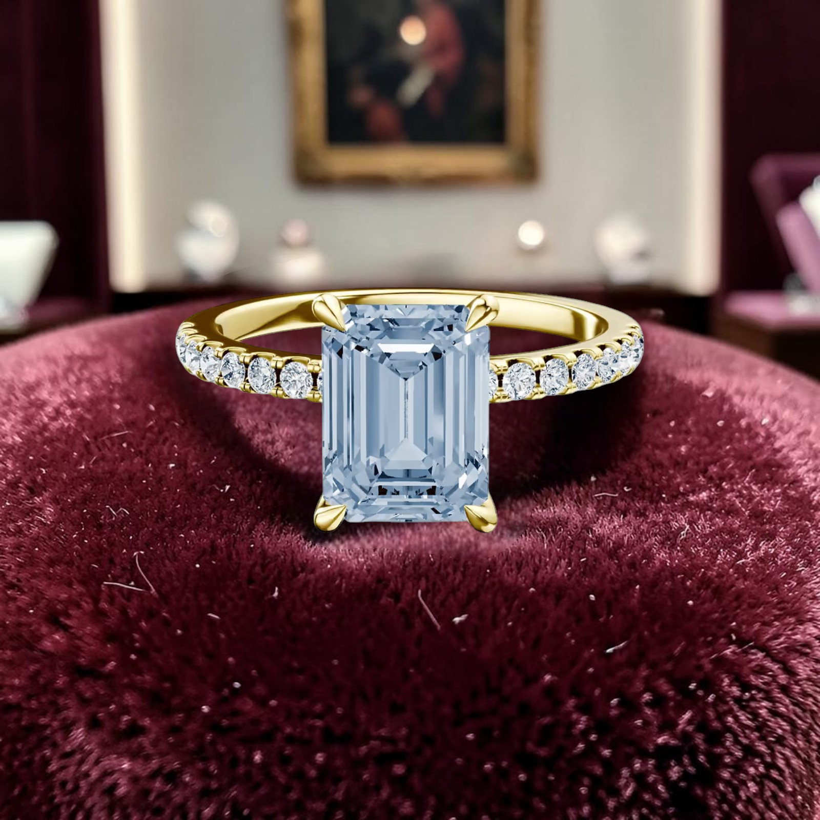 Fancy Vivid Blue 14k Yellow Gold Diamond Ring IGI Lab Grown 3.25 Ct Emerald Cut