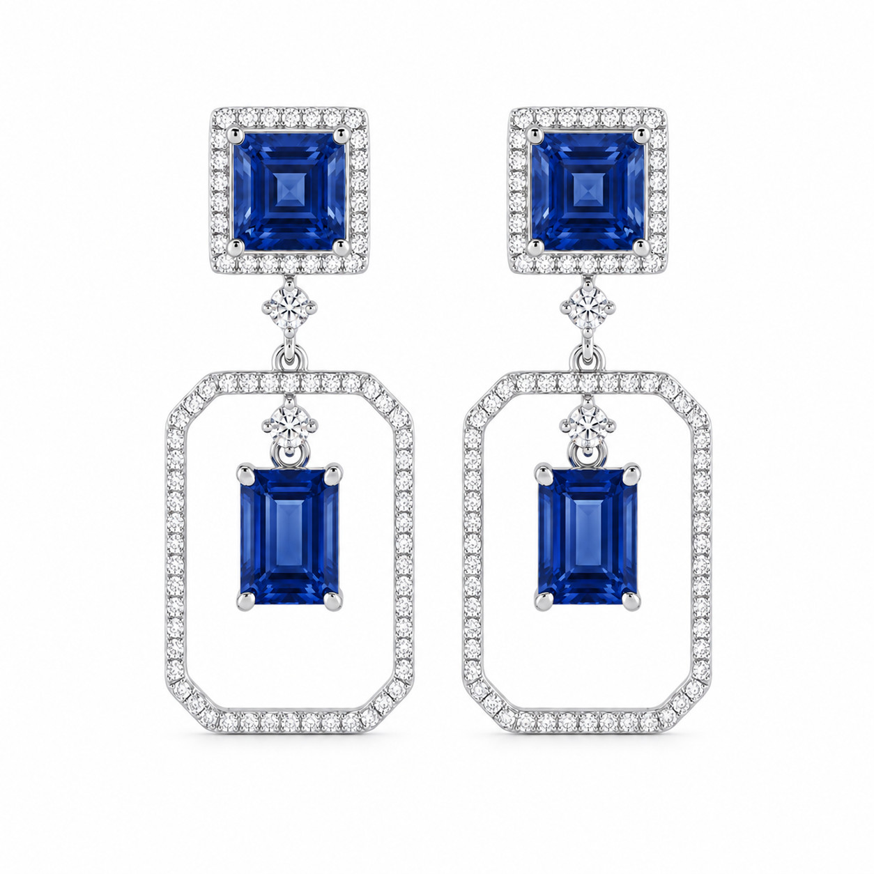 925 Sterling Silver Lab Grown Blue Sapphire Asscher Cut Moissanite Drop Earrings