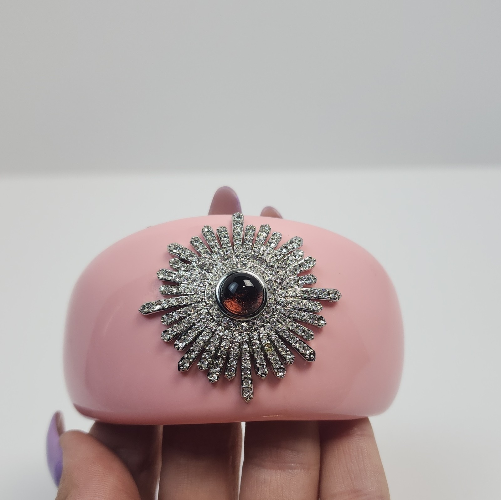 Pink Open Cuff Bracelet Silver-Tone Sunburst Rhinestones Red Cabochon Stone