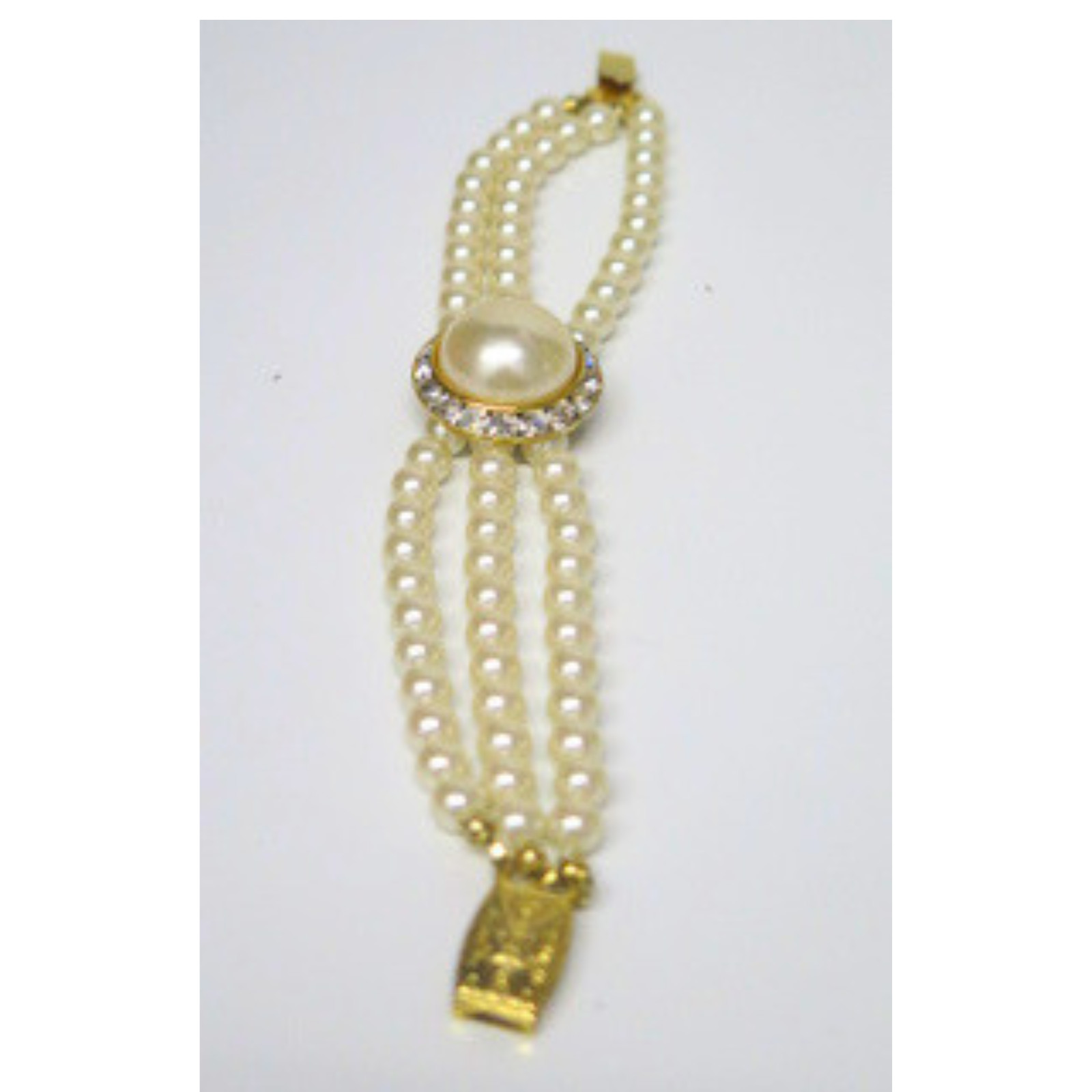Vintage 4 Strand Faux Pearl Bracelet Rhinestone Gold Tone Estate 7.5″ Bridal