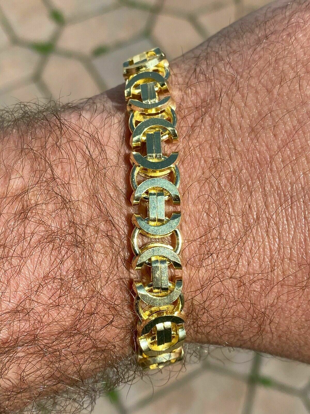 Mens 14k Gold Plated Real Solid 925 Sterling Silver Byzantine Tiger Eye Bracelet