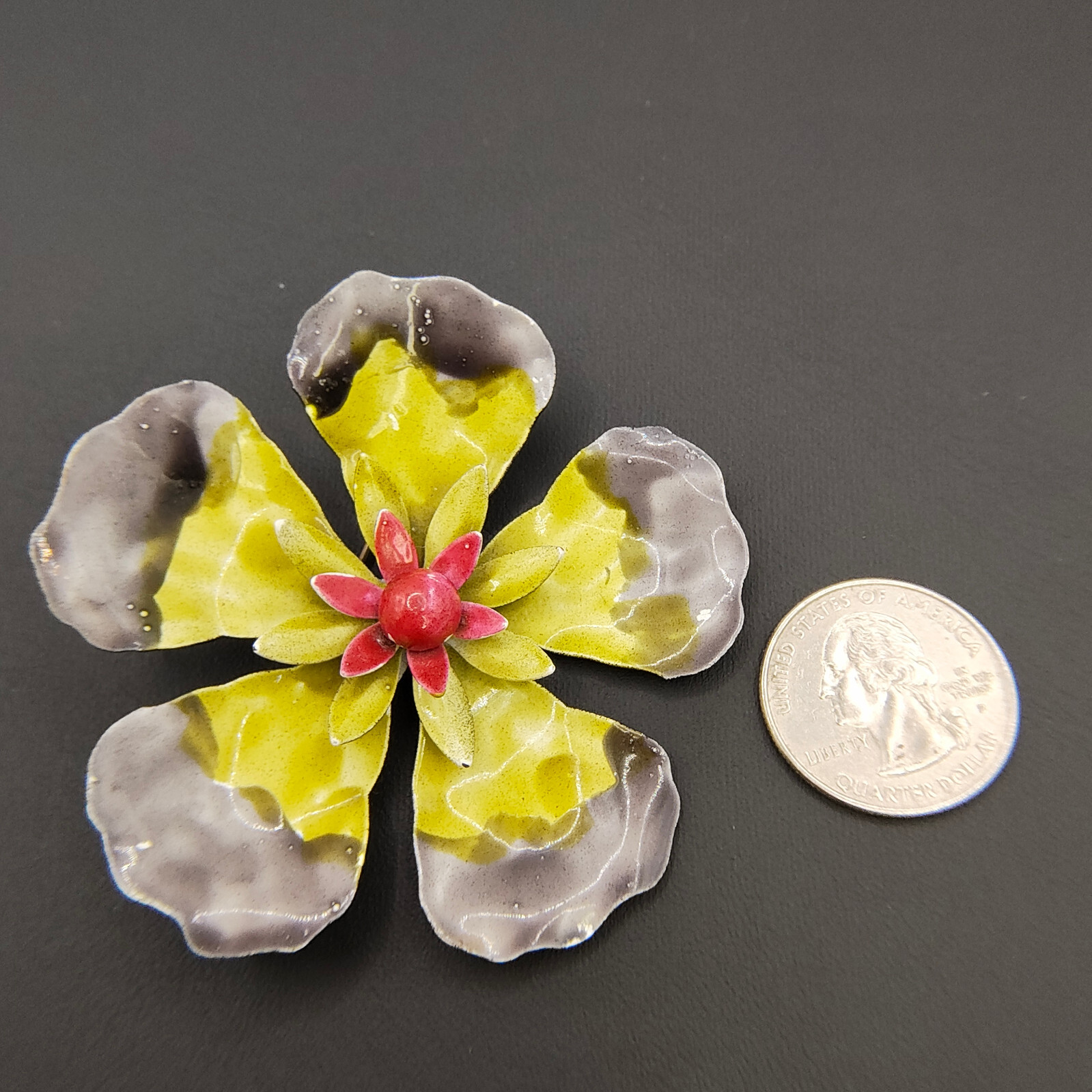 Vintage Hibiscus Flower Brooch Pin Enamel Black Gray Yellow Red 1960s-1970s MCM