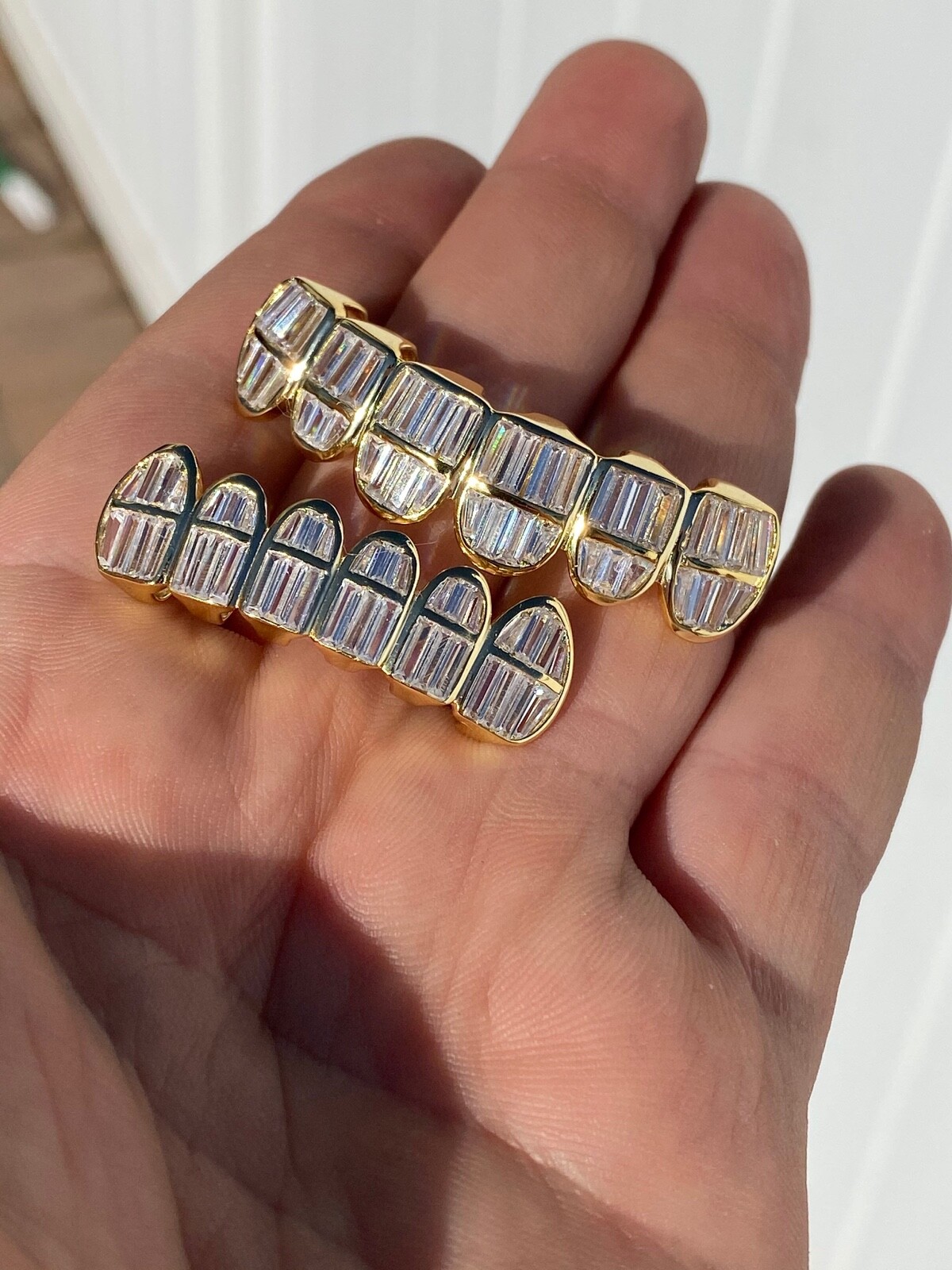 Real 925 Silver 14k Gold Plated ICED Baguette CZ GRILLZ Teeth Fronts Grills