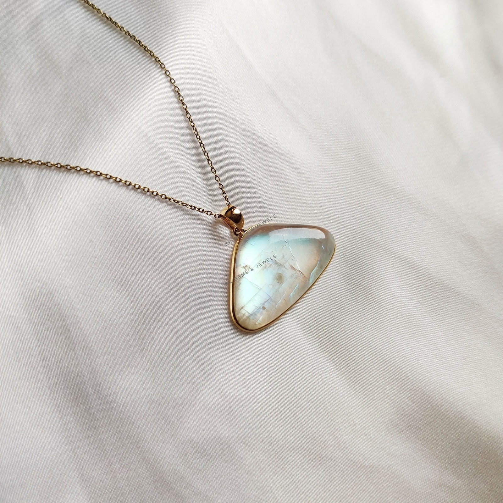 22.65 Ct Natural Rainbow Moonstone Pendant 14K Solid Gold June Birthstone Bezel