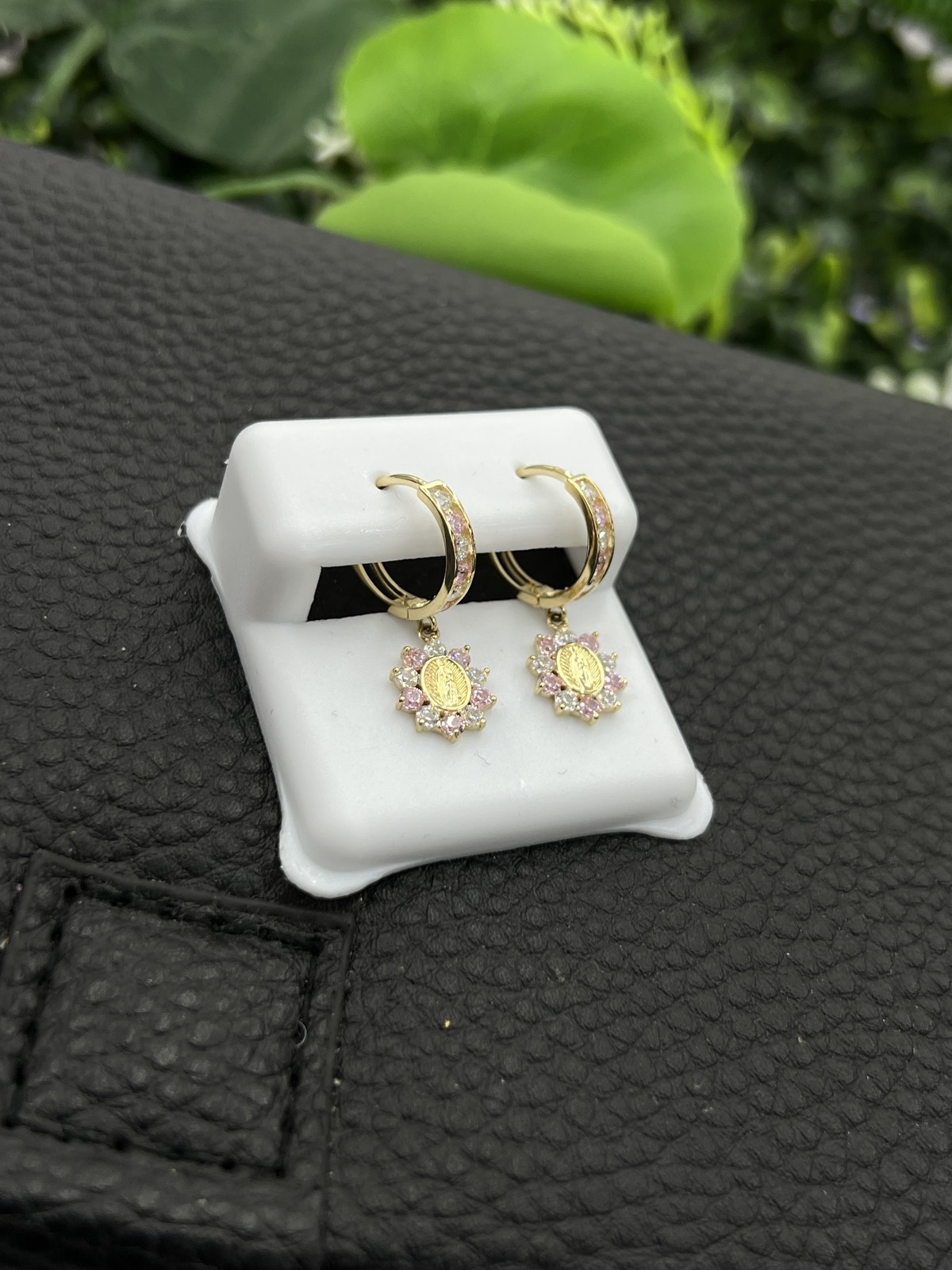 14K Yellow Gold CZ Huggies Virgen de Guadalupe Earrings 24x12mm Elegant Gifts