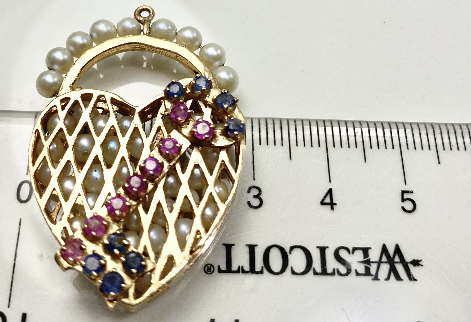 LARGE RETRO 1950S KEY TO MY HEART PEARL RUBY SAPPHIRE CHARM VINTAGE (C153B)