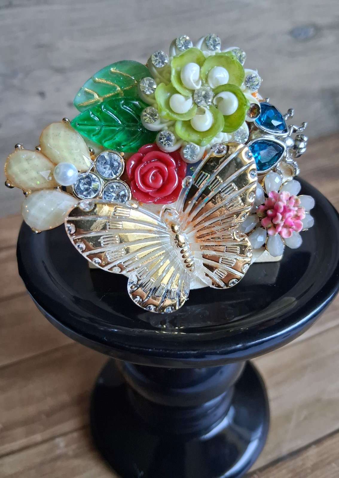 Handmade Butterfly Flowers Red Green Gold Blue Charms Whimsical Fashion Art Pin