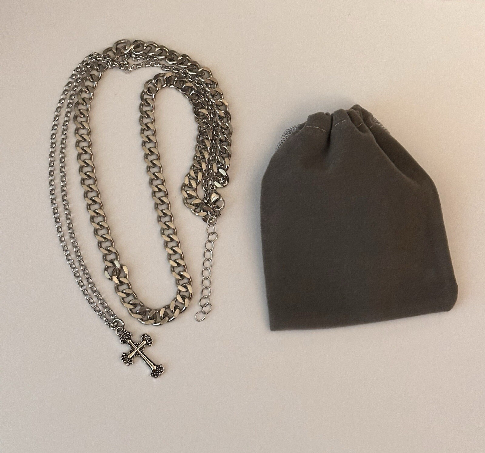 Mens Double Layer Cross Necklace Stainless Steel Chain Hip Hop Unisex Women New