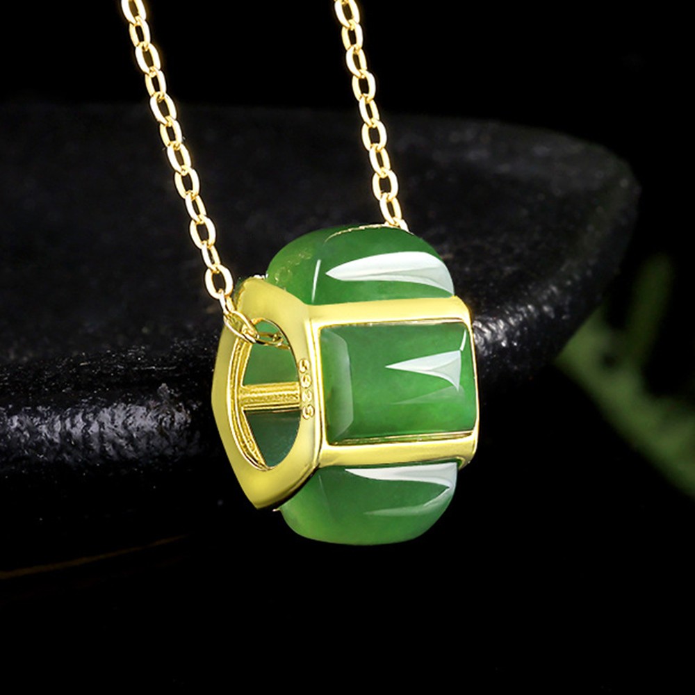 Natural Green Jade Barrel Bead Pendant with Gold-Plated 925 Silver – Lucky Charm