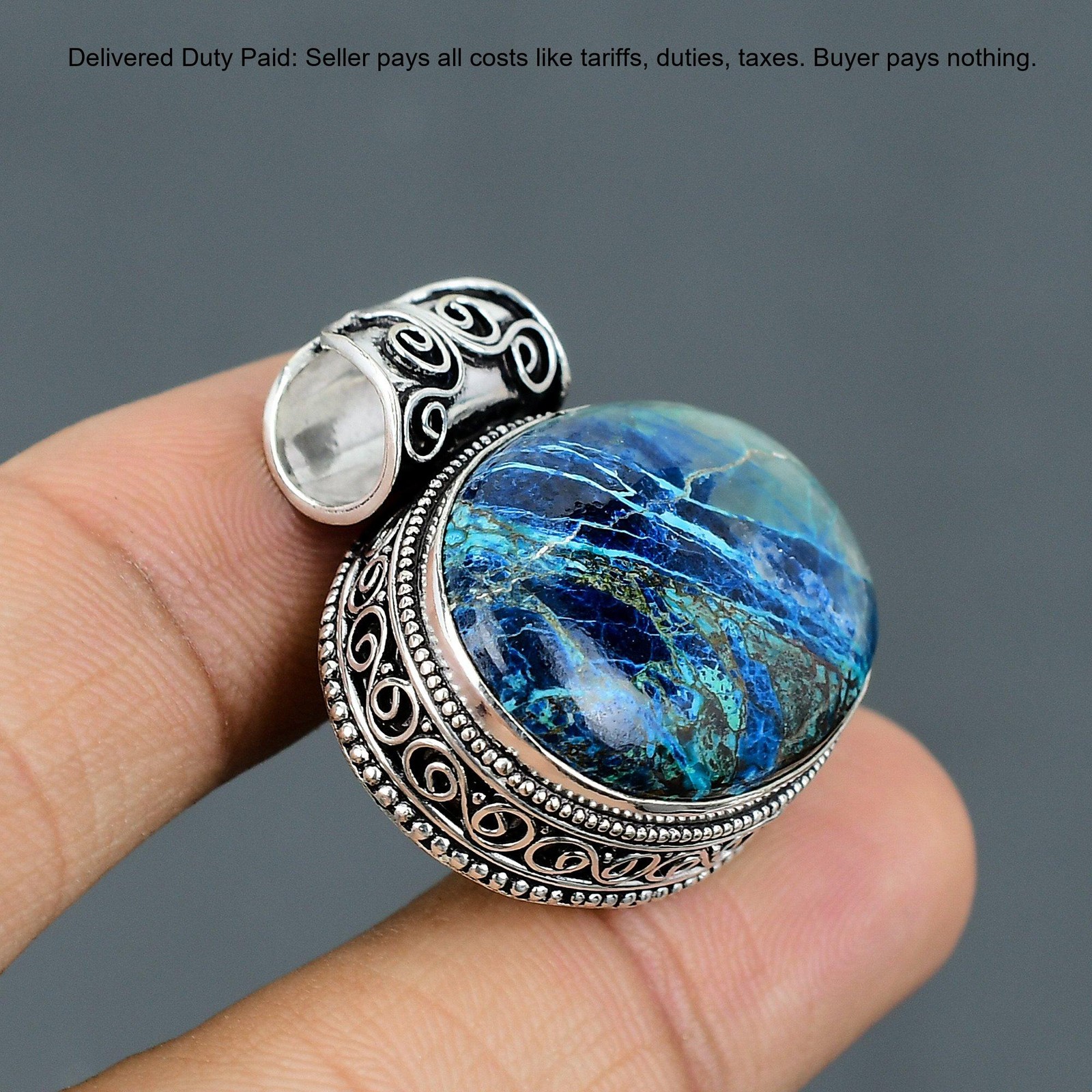 925 Sterling Silver Azurite Malachite Gemstone Unique Vintage Engagement Pendant