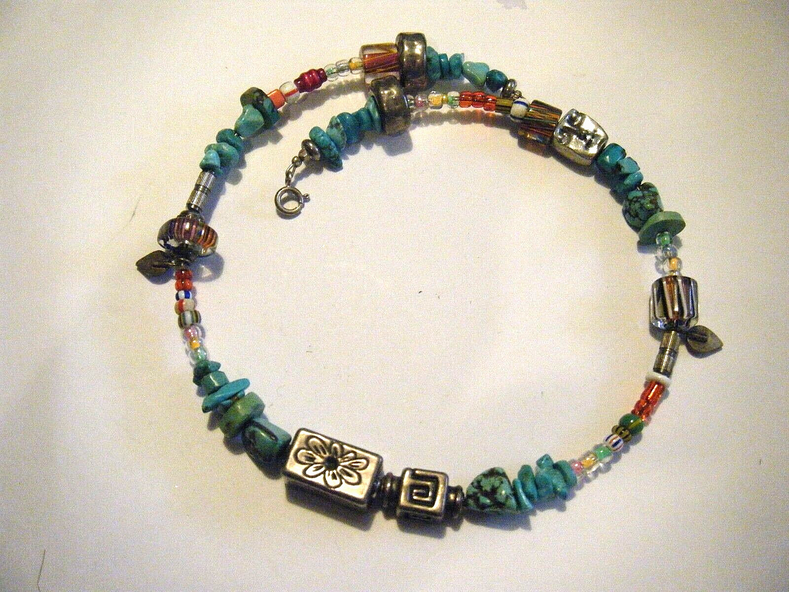 Outsider Fun Vintage Necklace Turquoise Nuggets Art Glass & Large Sterling Beads