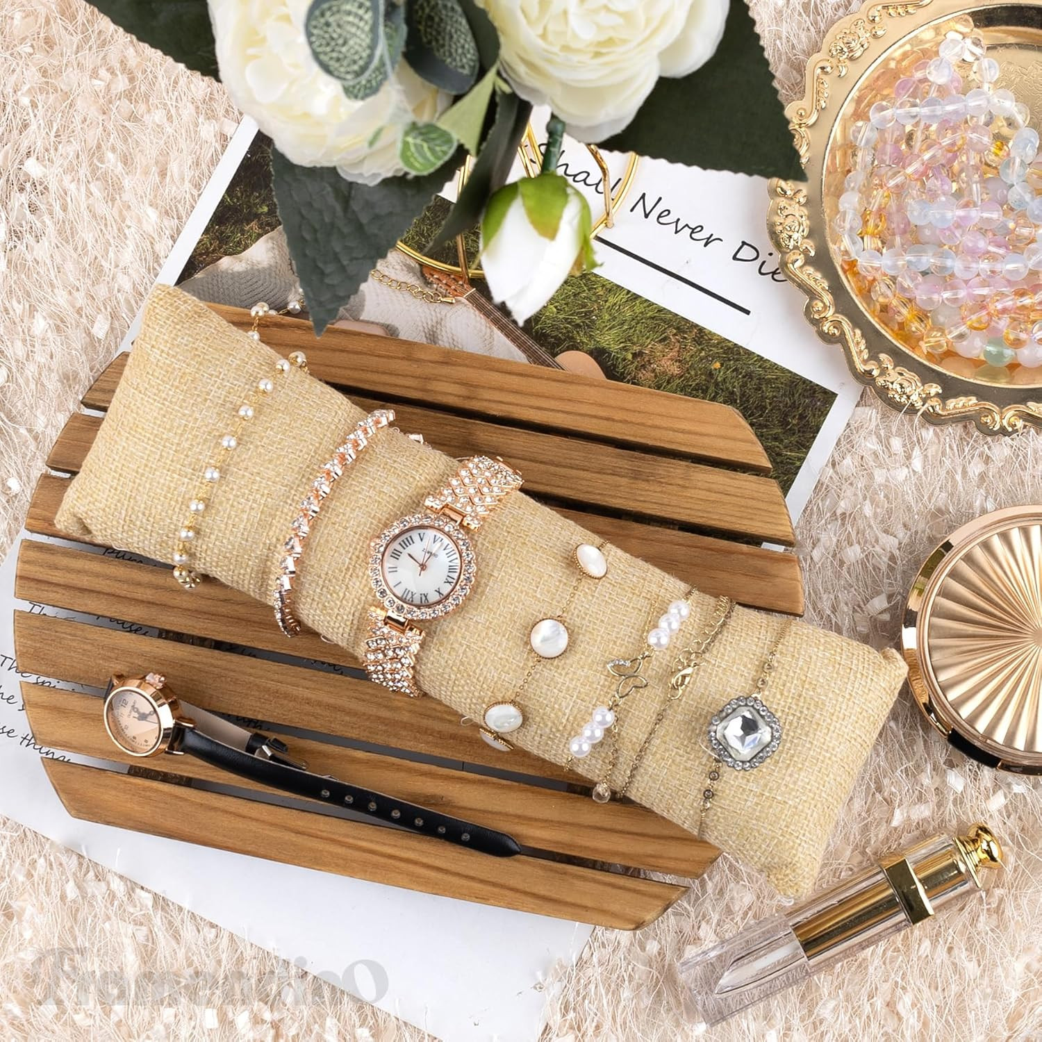 Framendino, 2 Pack Linen Long Watch Pillow Bracelet Bangle Cushions Display
