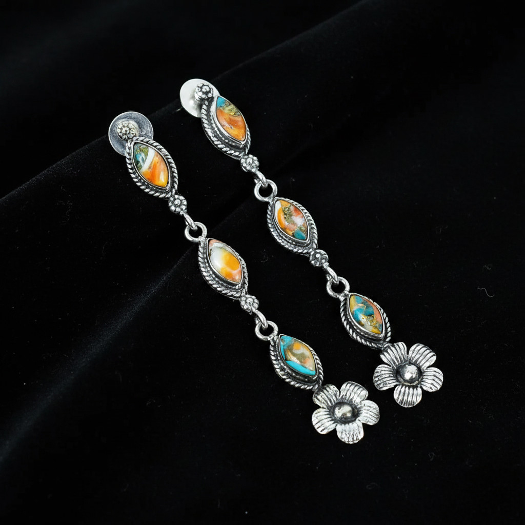 German Silver Plated Spiny Oyster Kingman Turquoise Stud Earrings 925 stamped