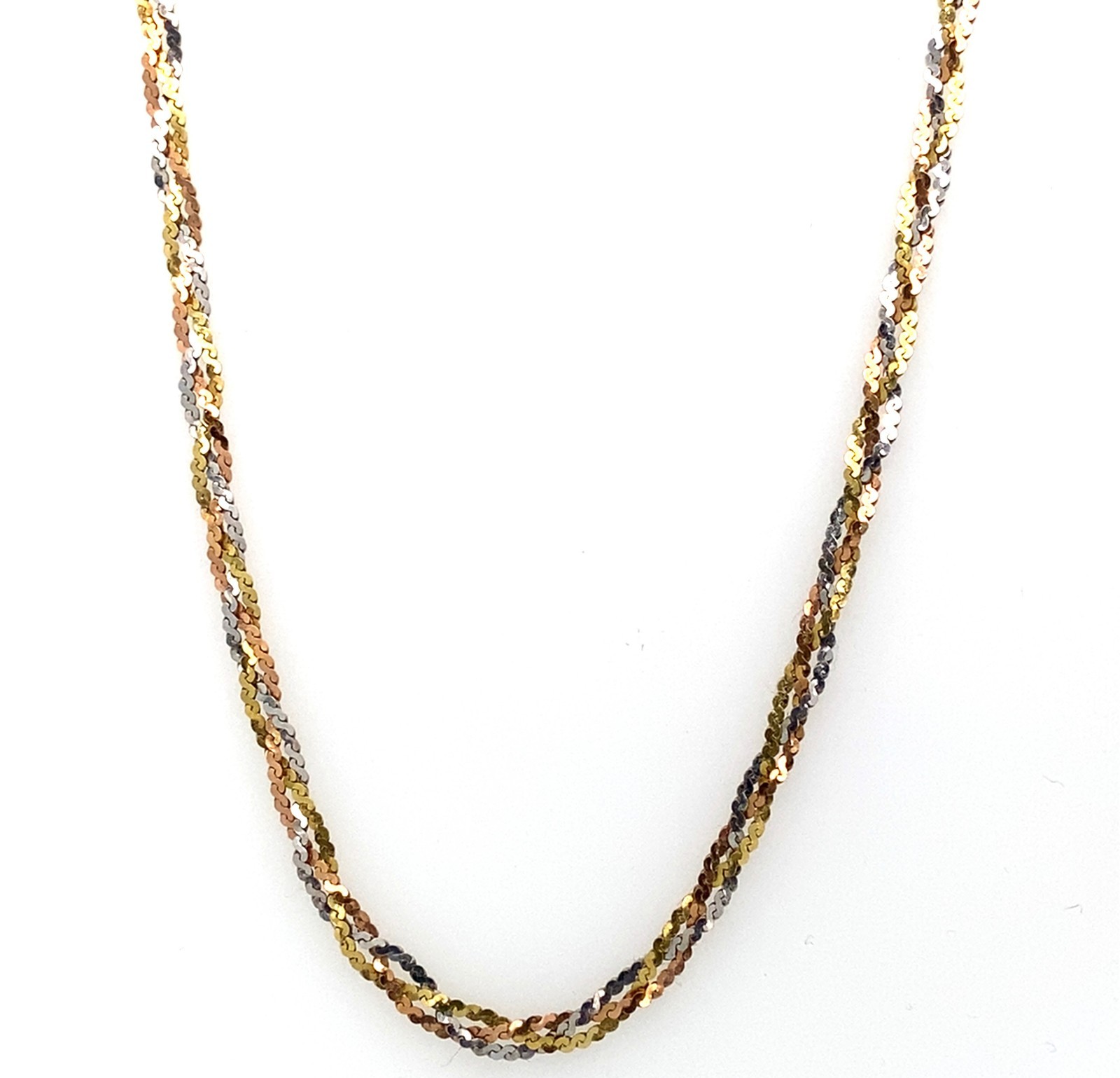 Vintage Italian 18K Tri-Color Gold Braided Serpentine Chain Necklace – 15.75″