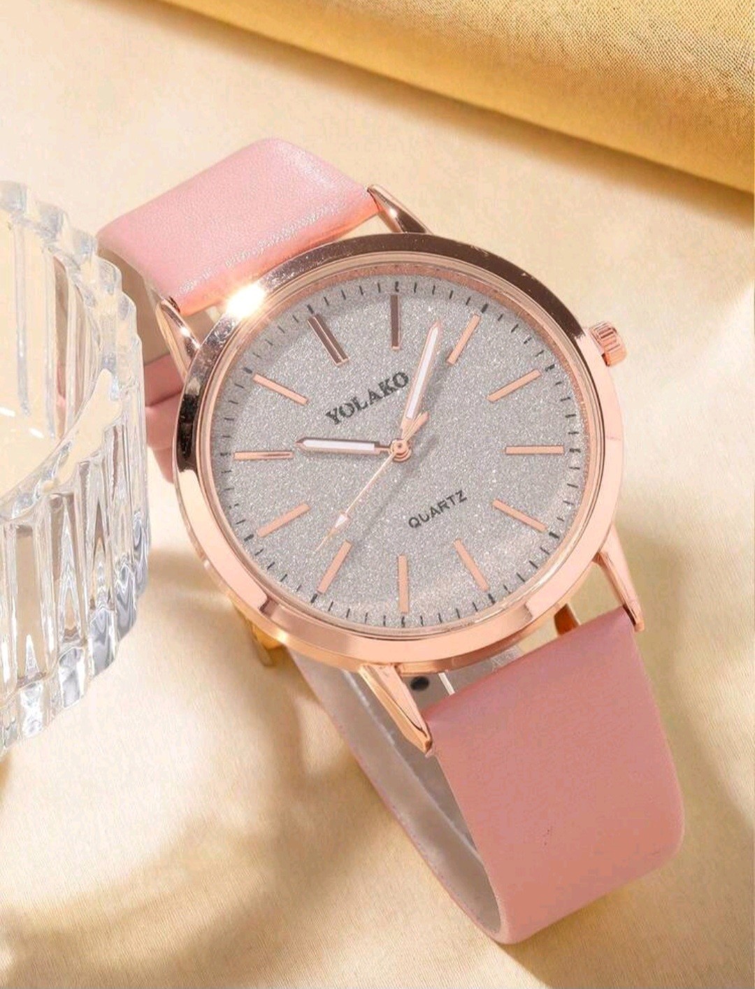 Women’s Rose Gold Glitter Dial Quartz Watch Pink PU Leather Strap Casual…