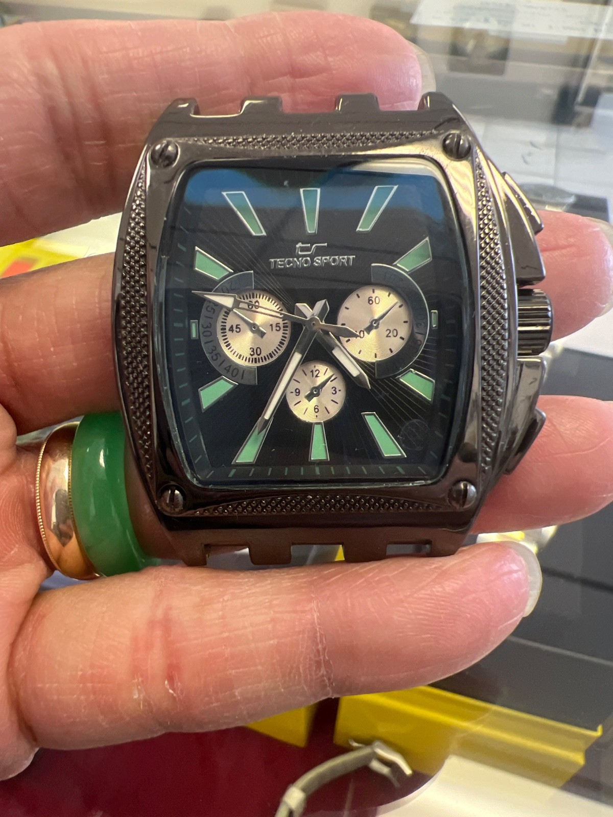 TECNO SPORTS LARGE SQUARE🔥INDEX MARKER BLACK DIAL 😩NO BRACELET!