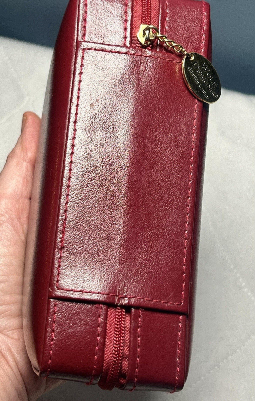 Wolf Designs Jewelry Travel Case Leather Zip Vintage Two Sides Red Hard Case