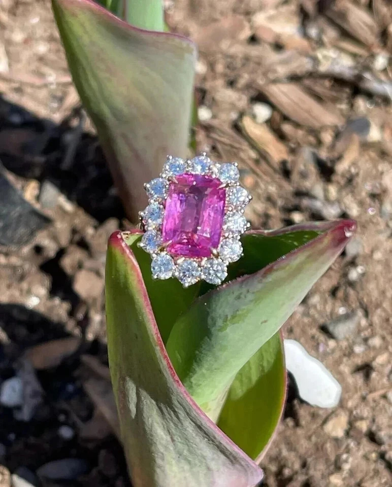 4Ct Cushion Cut Lab Created Pink Sapphire Wedding Ring In 14k White Gold Finish