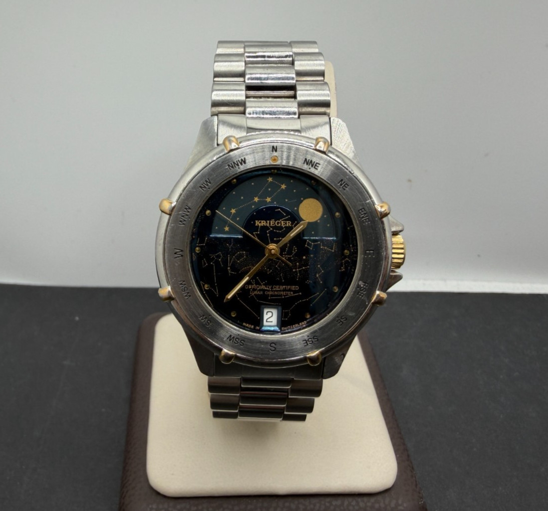 Krieger Lunar Chronometer Watch Men 35mm Blue Dial Steel Date