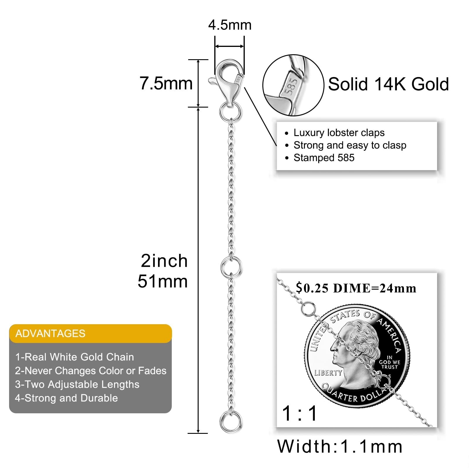 14K Gold Necklace Extender with Lobster Clasp – Adjustable 1-3 Inch Chain for Wo