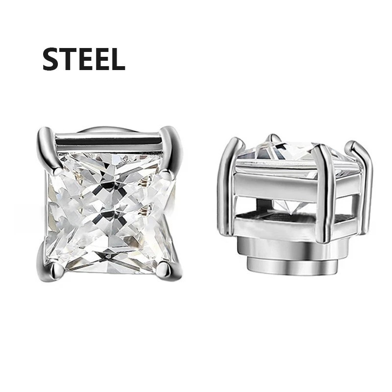 Magnetic Stud Earrings Non Piercing Clip On Stainless Steel CZ Round Square 6mm