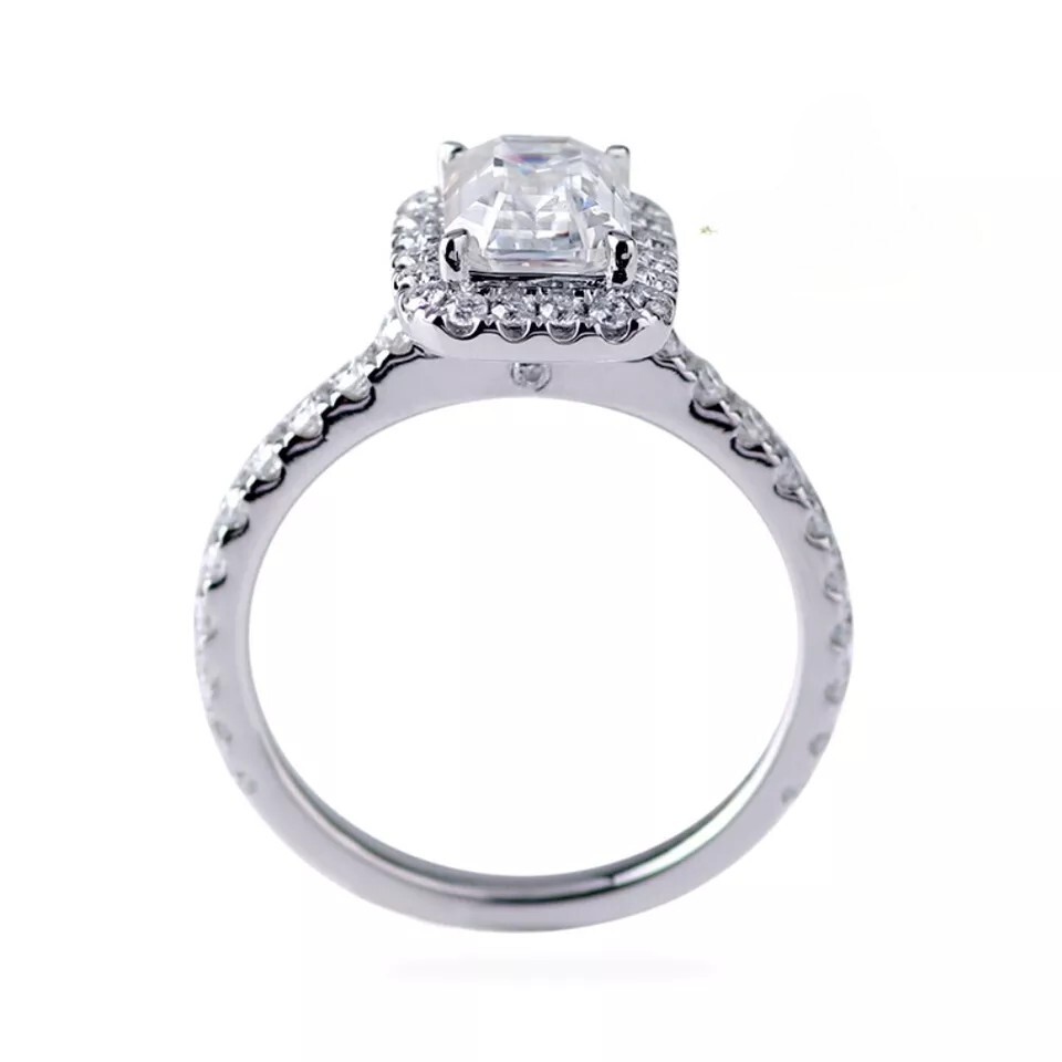 Solid 14K White Gold Moissanite Halo Engagement Ring Emerald Cut 2 Carat F/VVS1