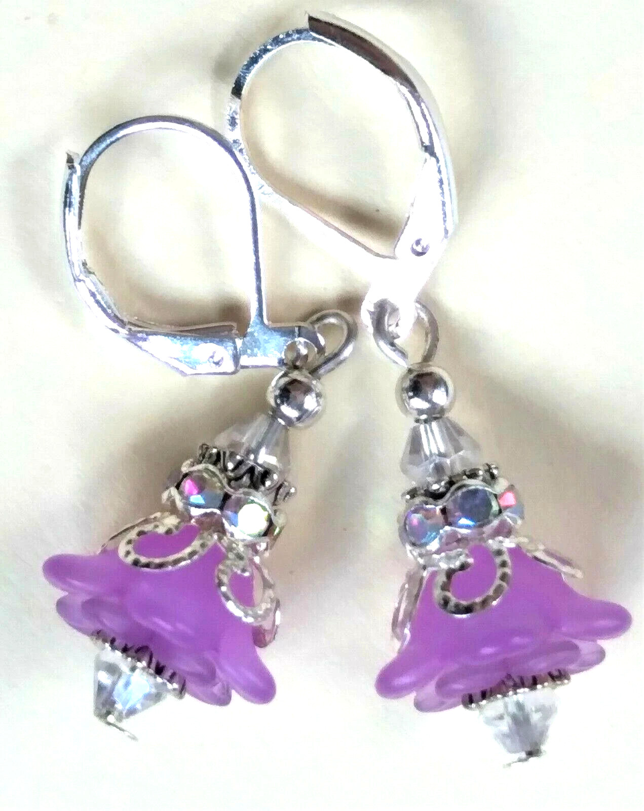 LAVENDER CLEAR acrylic FLOWER AB CRYSTAL ring earring SP LEVER BACK XX