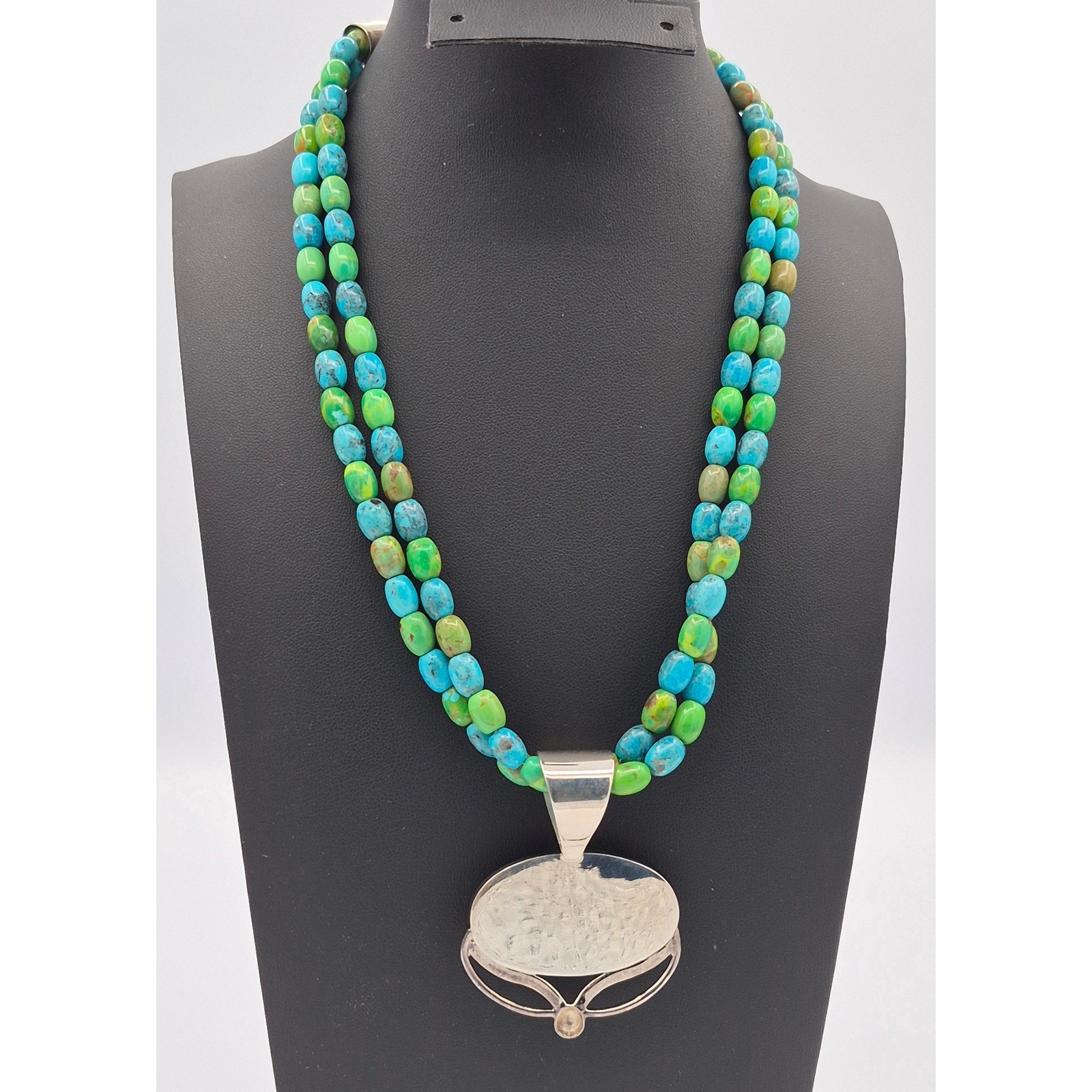Vintage Jay King Necklace Turquoise Green Mojave Inlay Pendant Double Strand 925