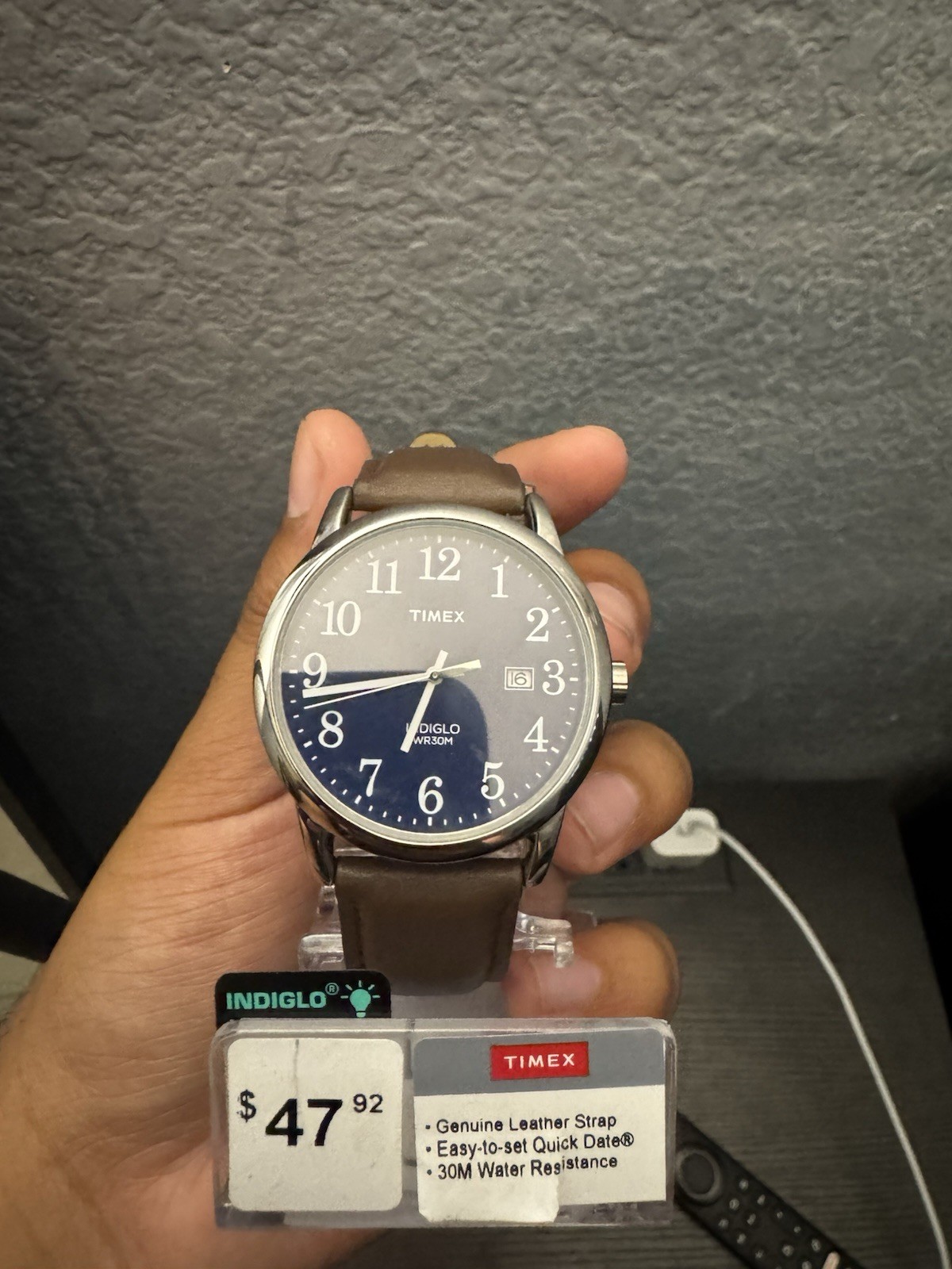 Timex Indiglo Quartz 38mm Blue/Gray Dial Date 30m Brown Leather Strap