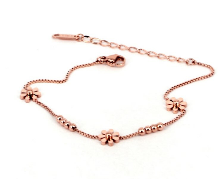 18K Rose Gold Stainless Steel Anklet Foot Daisy Beads Charms Ankle Bracelet PE13