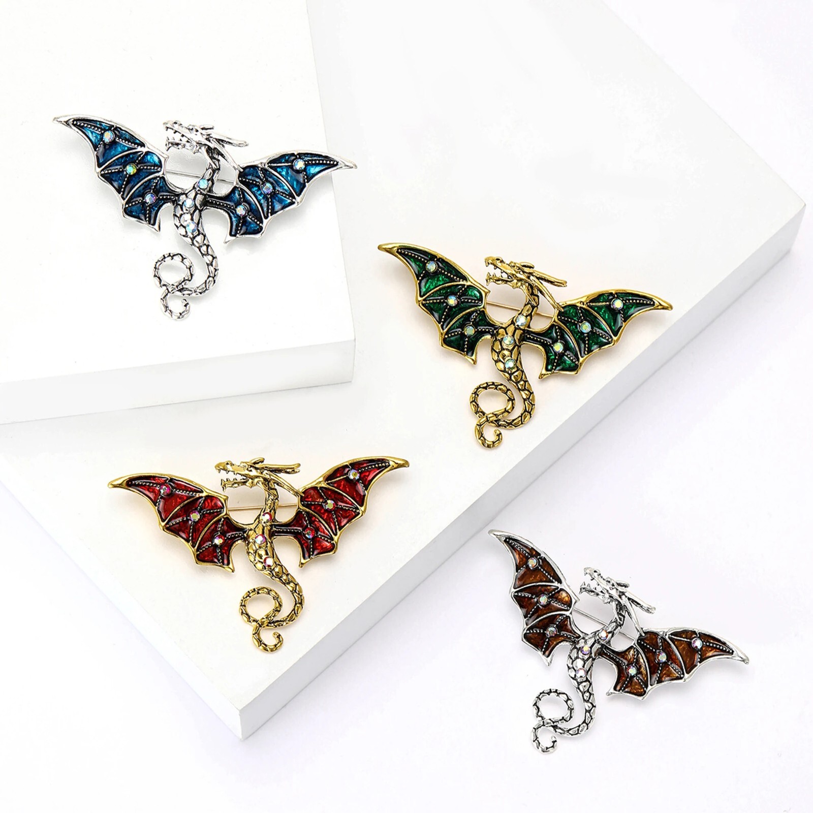 Enamel Flying Dragon Brooches for Women Unisex Rhinestone Mythical Animal Pins