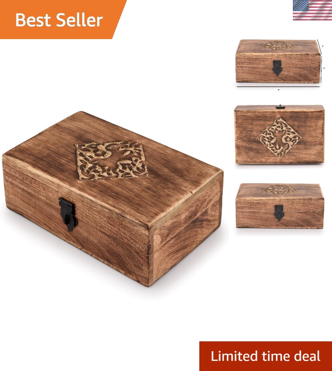 Polished Brown Jewelry Organizer – Handmade Keepsake Box with Celtic Engraving