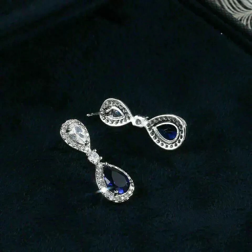 2.30Ct Pear Cut Simulated Sapphire Drop/Dangle Earring In 14K White Gold Plated
